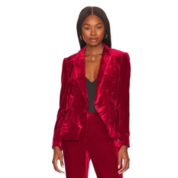 NWT L'AGENCE Kenzie Red Crushed Velvet Double Breasted Blazer Jacket - Picture 4 of 15